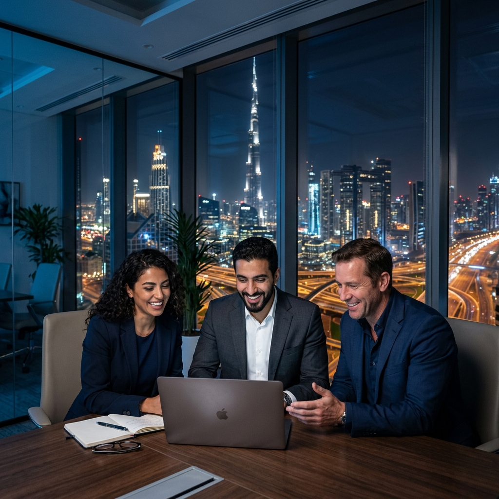 AE ADS Dubai marketing team with Burj Khalifa view